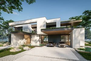 Modern house with a car parked in front, showcasing a stylish design built by expert concrete patio contractors.