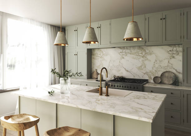 Stylish kitchen interior with granite countertops and white cabinetry, representing a custom design for functional elegance.