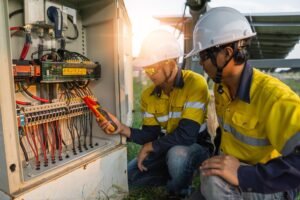 Two men in yellow shirts and hard hats working together on an electrical panel, focused on their task.