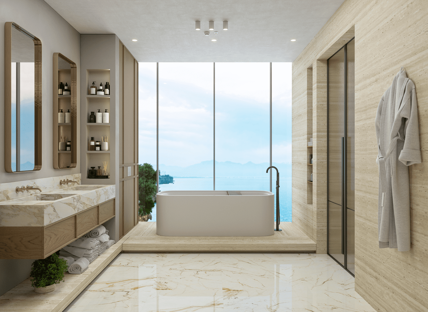 Minimalist bathroom design with marble flooring
