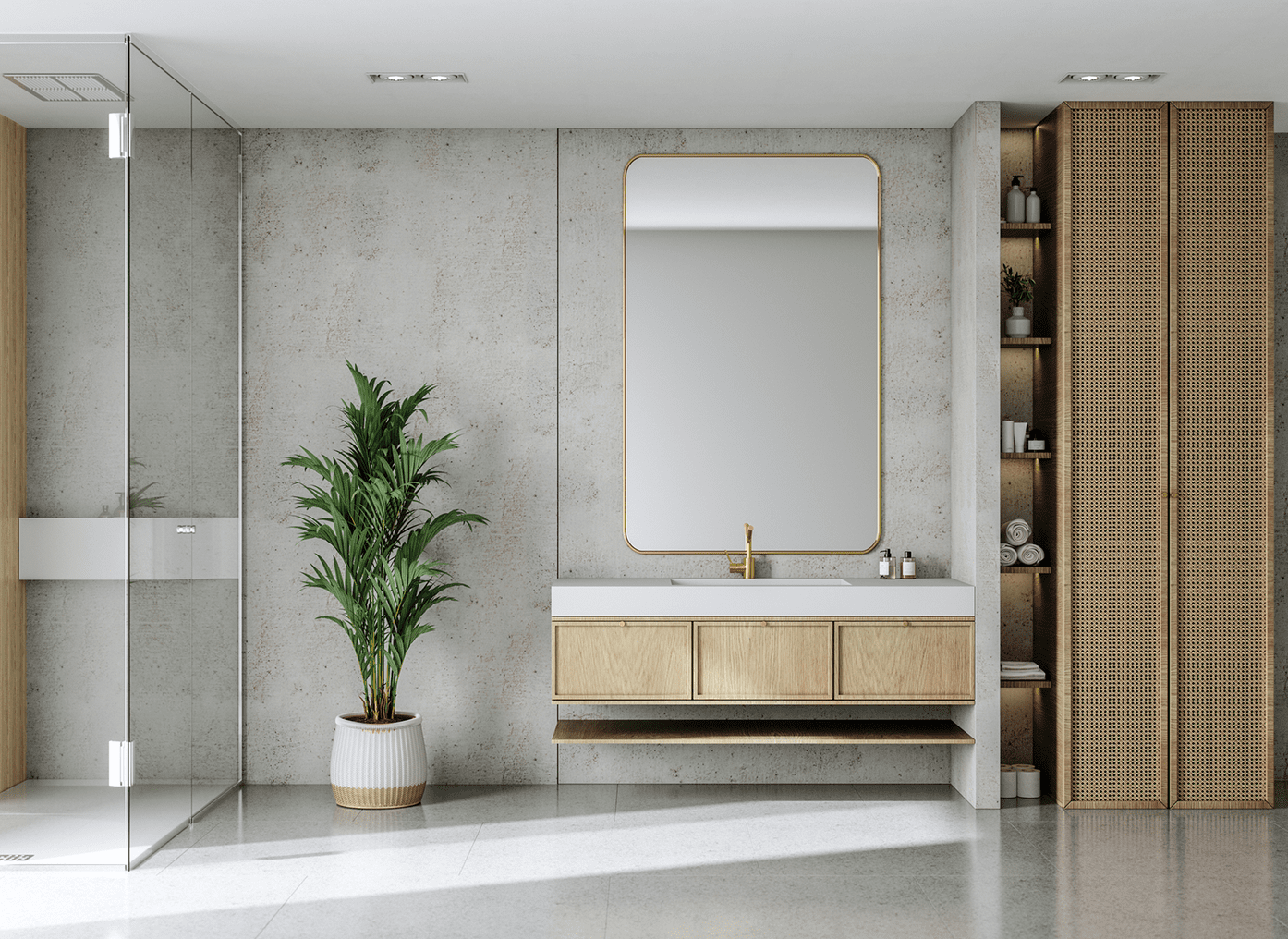 Stylish bathroom featuring plant and open shelving
